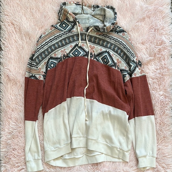 Patterned Hooded Sweater - Red and Cream - Picture 1 of 2